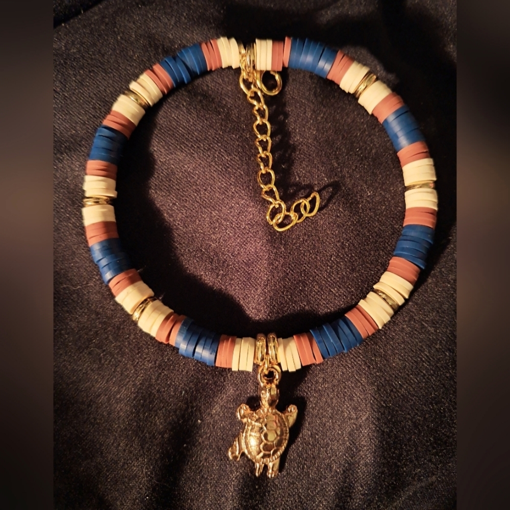 Handmade Clay Bead Bracelet, Cream, Rust, Navu Blue, Turtle Charm, Extender